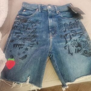 Stylish Blue Denim Shorts with Graphic Print